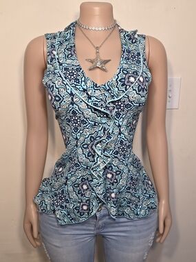 George Blue & Teal Paisley Ruffle-Front Sleeveless Top